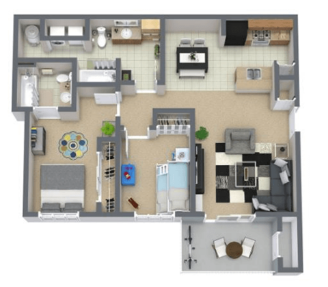Floor plan for 2 beds, 2 baths, 912 sqft